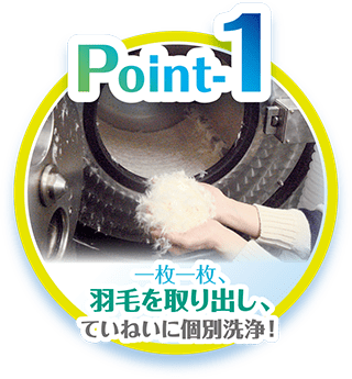 西川の羽毛ふとんリフォーム 一枚一枚、羽毛を取り出し、丁寧に 『個別洗浄 』