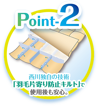西川の羽毛ふとんリフォーム 西川独自の技術  　 ｢羽毛片寄り防止キルト｣ で、使用後も安心。